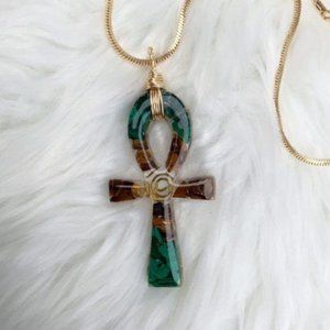 Tiger Eye & Malachite Ankh Pendant